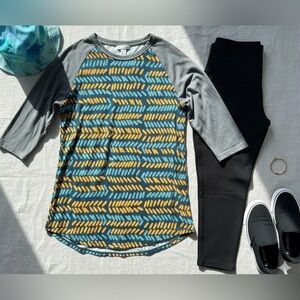 LuLaRoe Randy Baseball Tee Top Gray Blue Yellow Abstract Print M